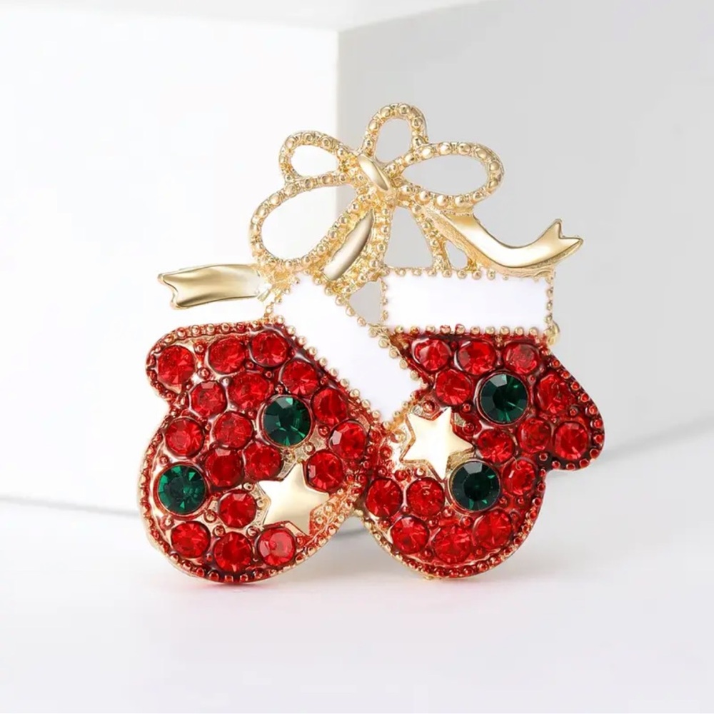 Festive Red and Gold Mittens Brooch, Christmas Brooch, Holiday Brooch